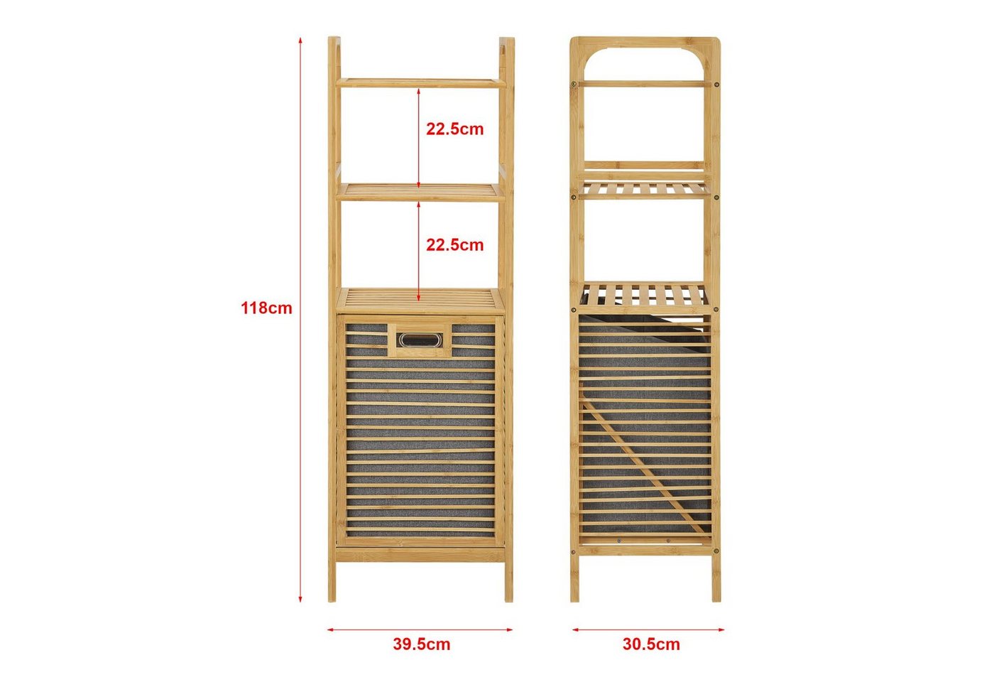 en.casa Wäschekorb, Tidaholm Bambus-Wäscheregal mit 2 Ablagen 118x40x31cm – Bild 3 von 5