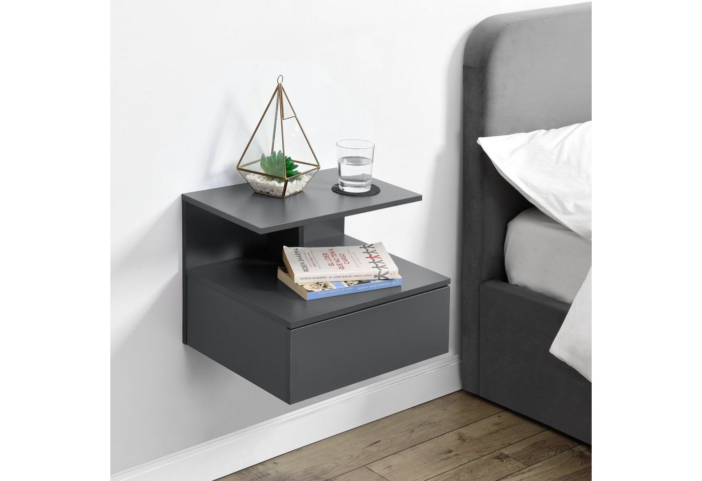 en.casa Wandboard, »Amberg« Nachttisch hängend 40x35x31 cm Dunkelgrau – Bild 2 von 5