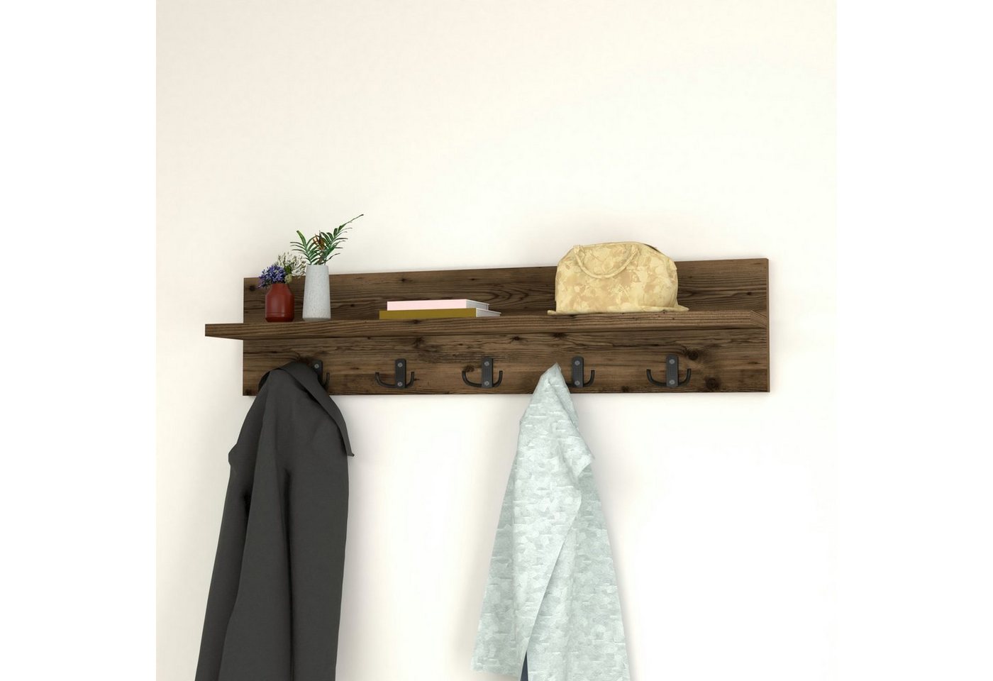 en.casa Wandgarderobe, Hammarö Flurgarderobe mit Ablage und 10 Haken Eiche, antik – Bild 3 von 5