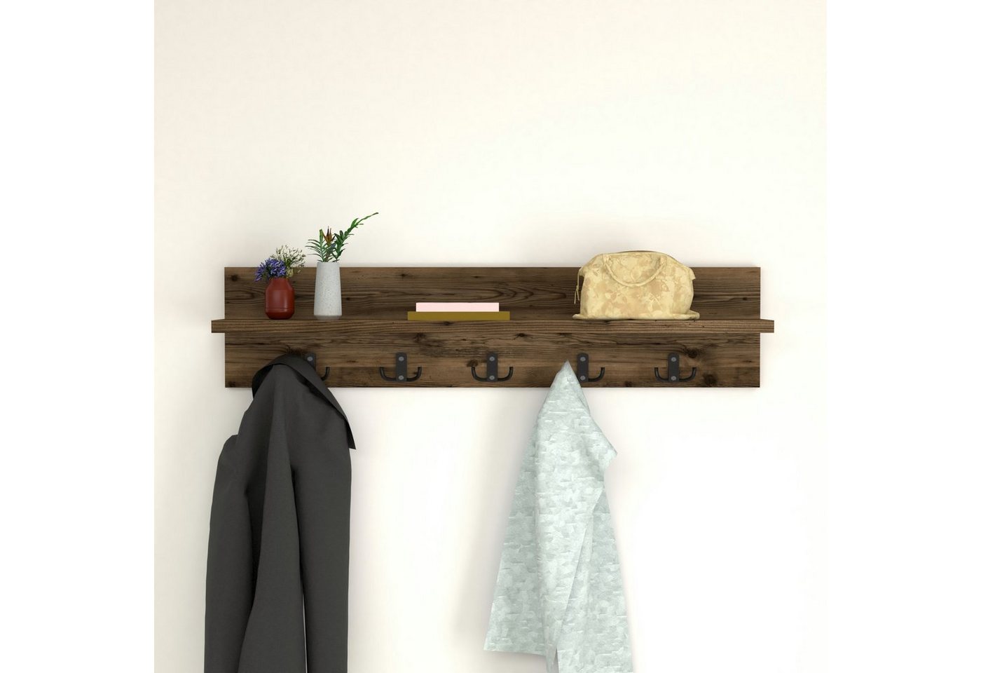 en.casa Wandgarderobe, Hammarö Flurgarderobe mit Ablage und 10 Haken Eiche, antik – Bild 4 von 5