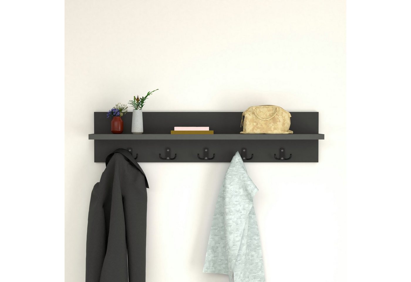 en.casa Wandgarderobe, »Hammarö« Flurgarderobe mit Ablage und 10 Kleiderhaken Anthrazit – Bild 4 von 5