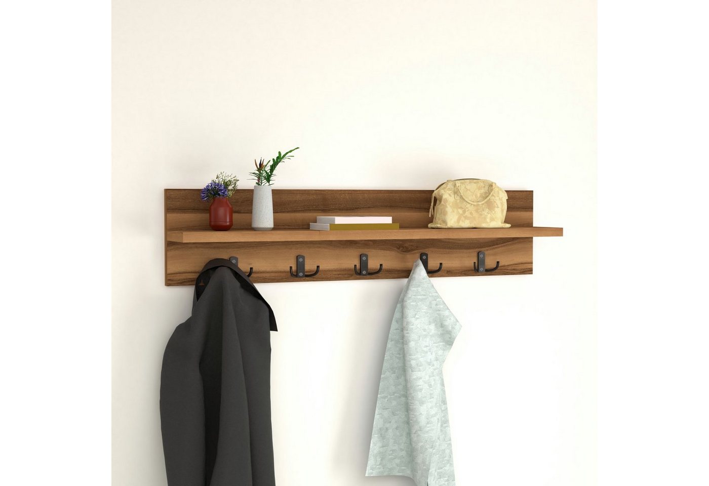 en.casa Wandgarderobe, »Hammarö« Flurgarderobe mit Ablage und 10 Kleiderhaken Walnuss – Bild 2 von 5