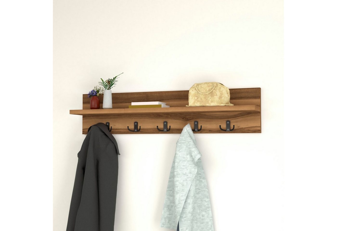 en.casa Wandgarderobe, »Hammarö« Flurgarderobe mit Ablage und 10 Kleiderhaken Walnuss – Bild 3 von 5