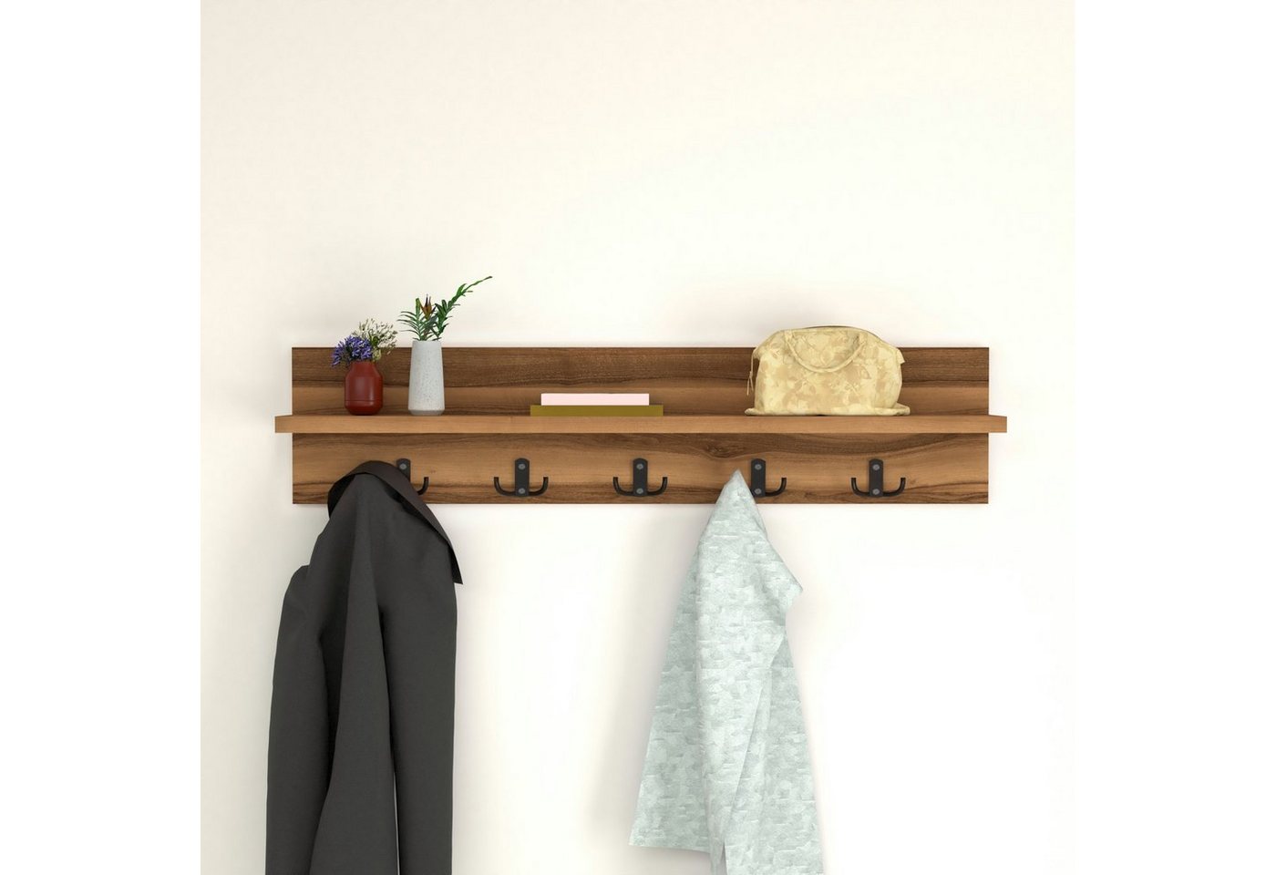 en.casa Wandgarderobe, »Hammarö« Flurgarderobe mit Ablage und 10 Kleiderhaken Walnuss – Bild 4 von 5