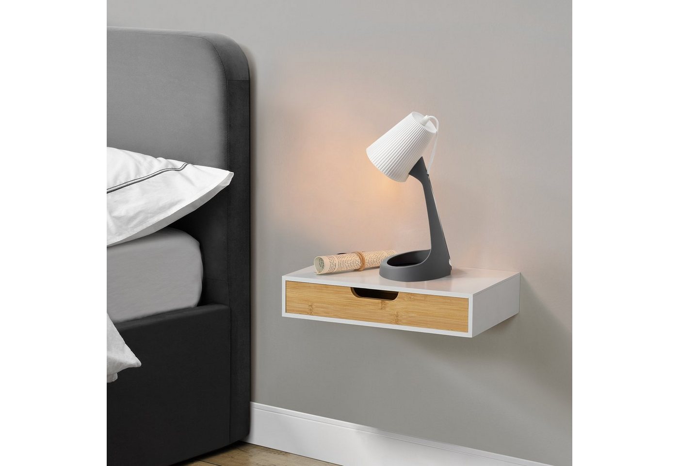 en.casa Wandregal, »Bokn« mit Schublade 40x24x8 cm Bambus Weiß – Bild 2 von 5
