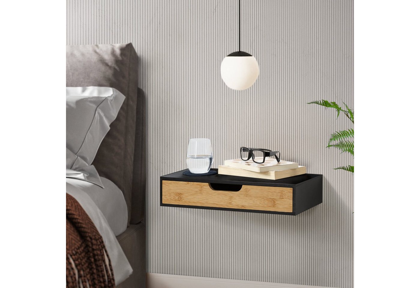 en.casa Wandregal, »Bokn« mit Schublade 40x24x8 cm Bambus Schwarz – Bild 2 von 5