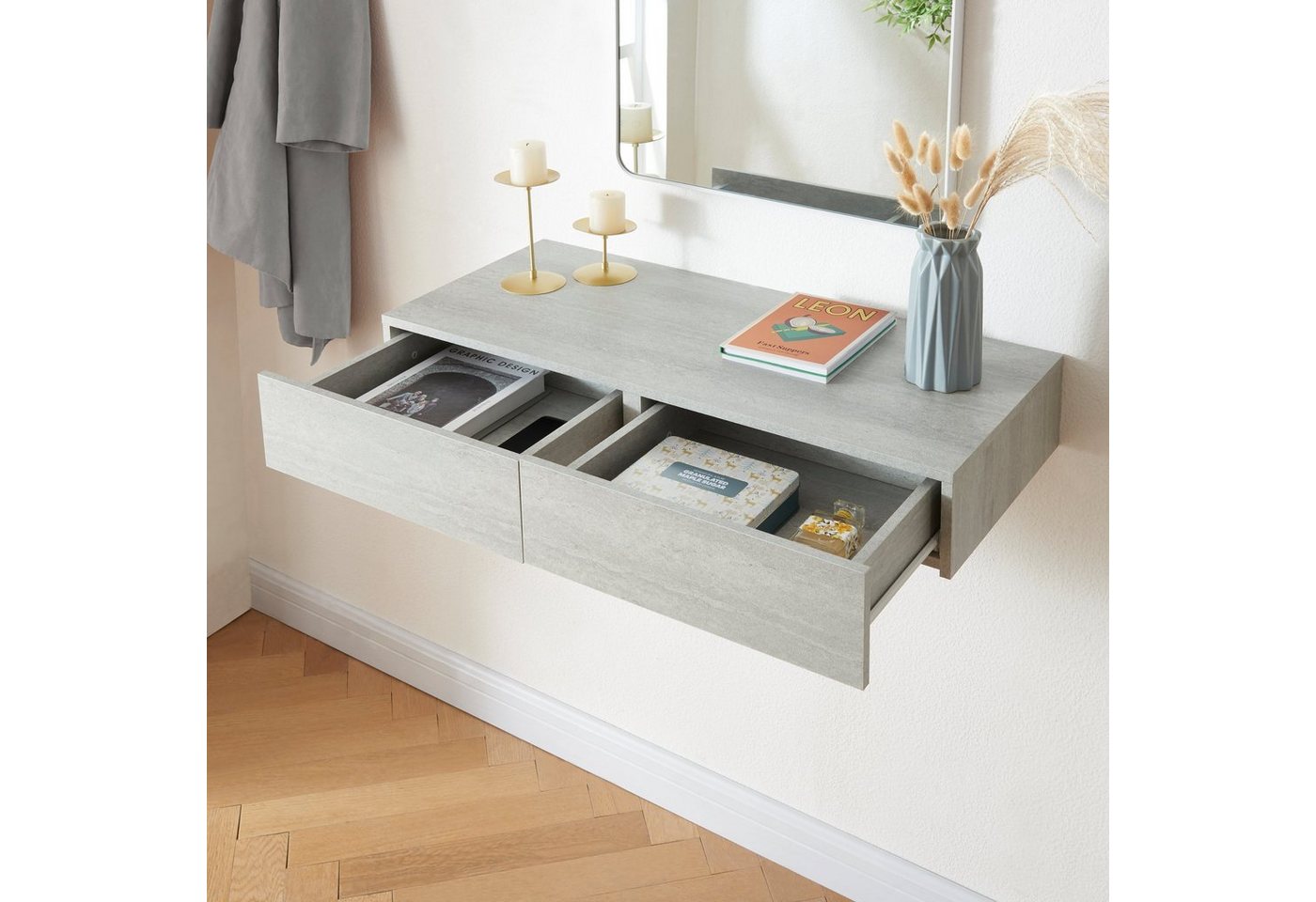 en.casa Wandregal, »Karstula« mit Schublade Betonoptik – Bild 2 von 5