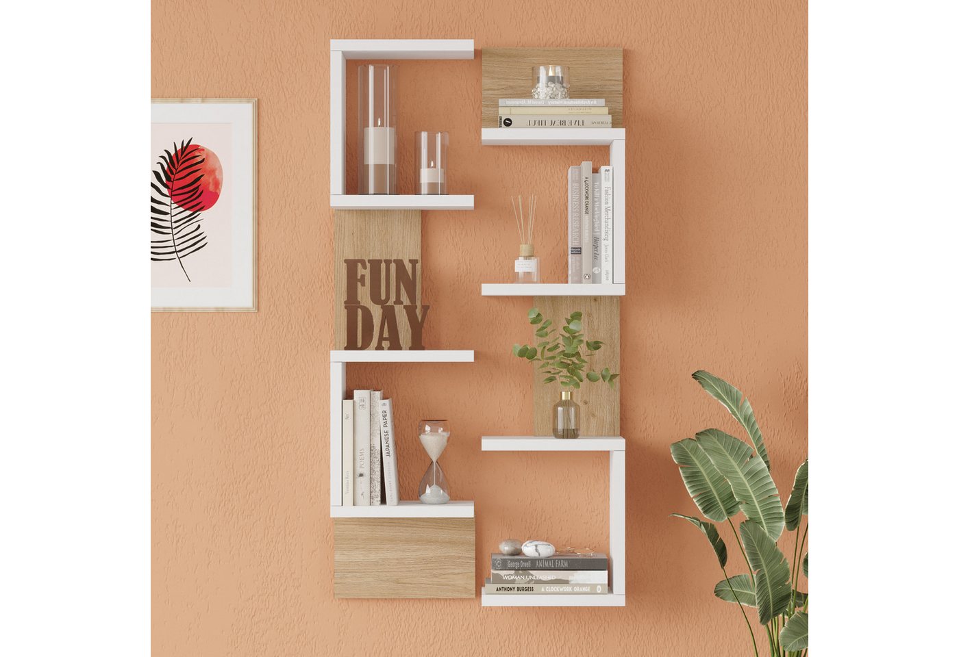en.casa Wandregal, 2-er Set, »Omn« 93 x 24 x 15 cm Weiß / Holzoptik – Bild 2 von 4