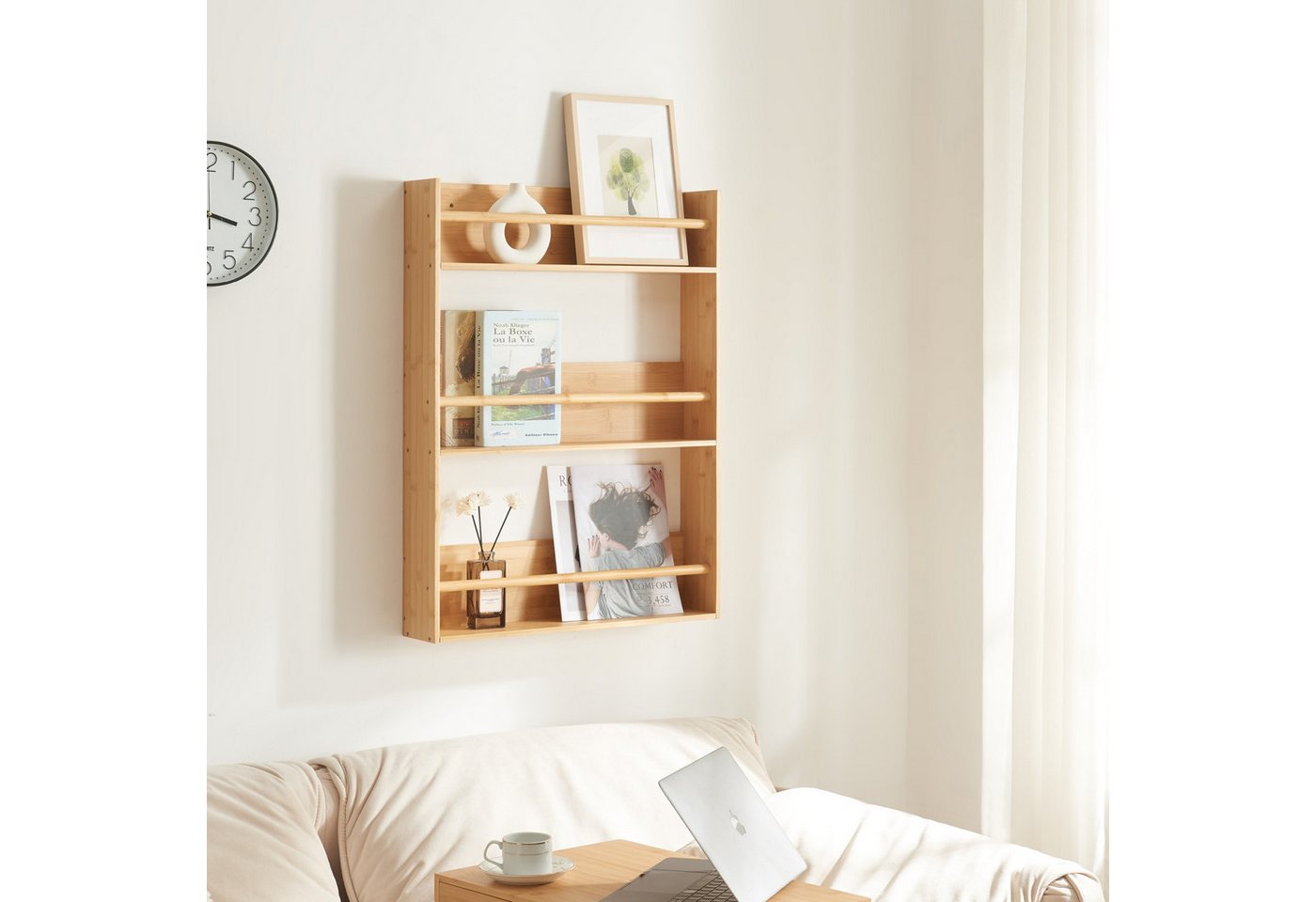 en.casa Wandregal, »Hareid« aus Bambus mit drei Ablagen 80x60x12cm Natur – Bild 2 von 5