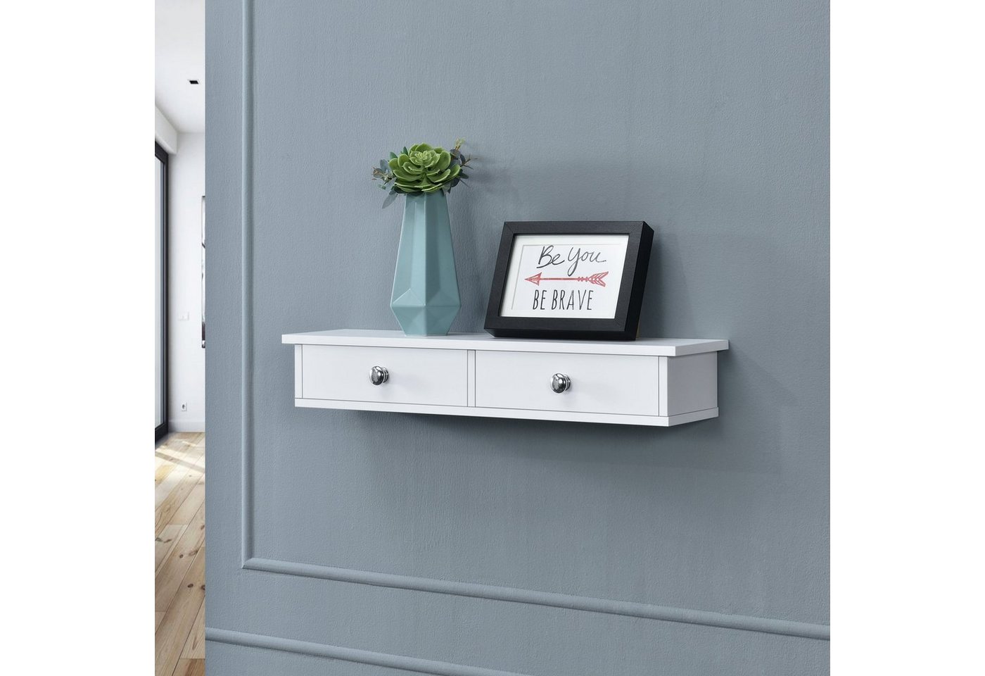 en.casa Wandregal, »Geeste« mit 2 Schubladen 60 x 15 x 10 cm Weiß – Bild 5 von 5