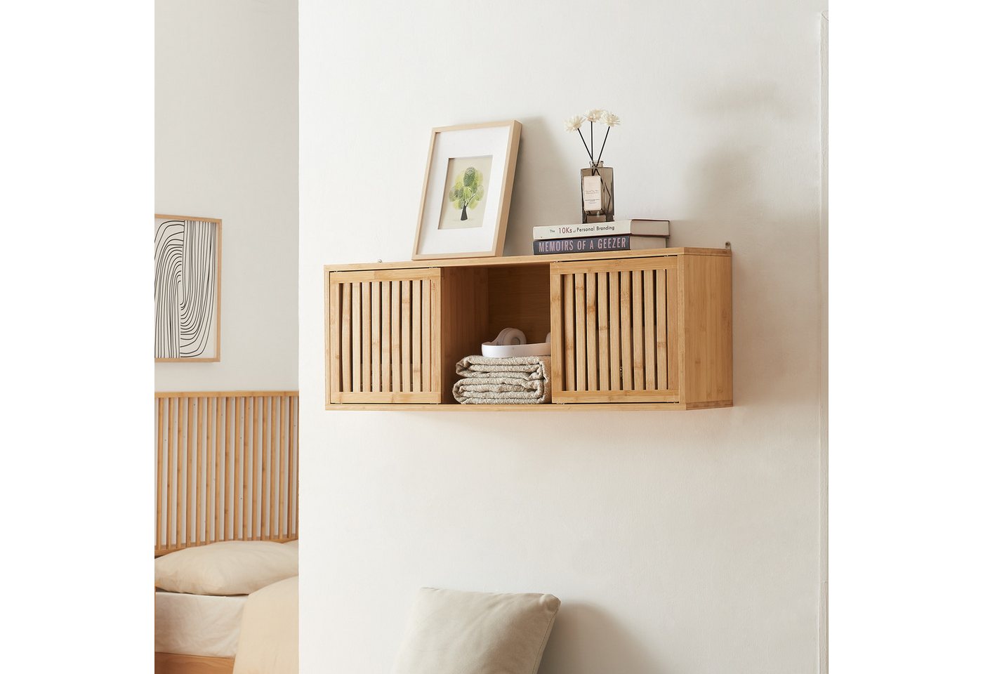 en.casa Wandregal, »Ypäjä« mit 2 Schiebetüren 93 x 20 x 33 cm Bambus – Bild 2 von 5