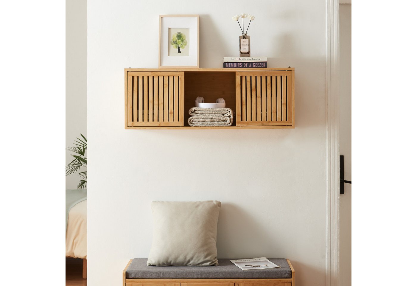 en.casa Wandregal, »Ypäjä« mit 2 Schiebetüren 93 x 20 x 33 cm Bambus – Bild 3 von 5