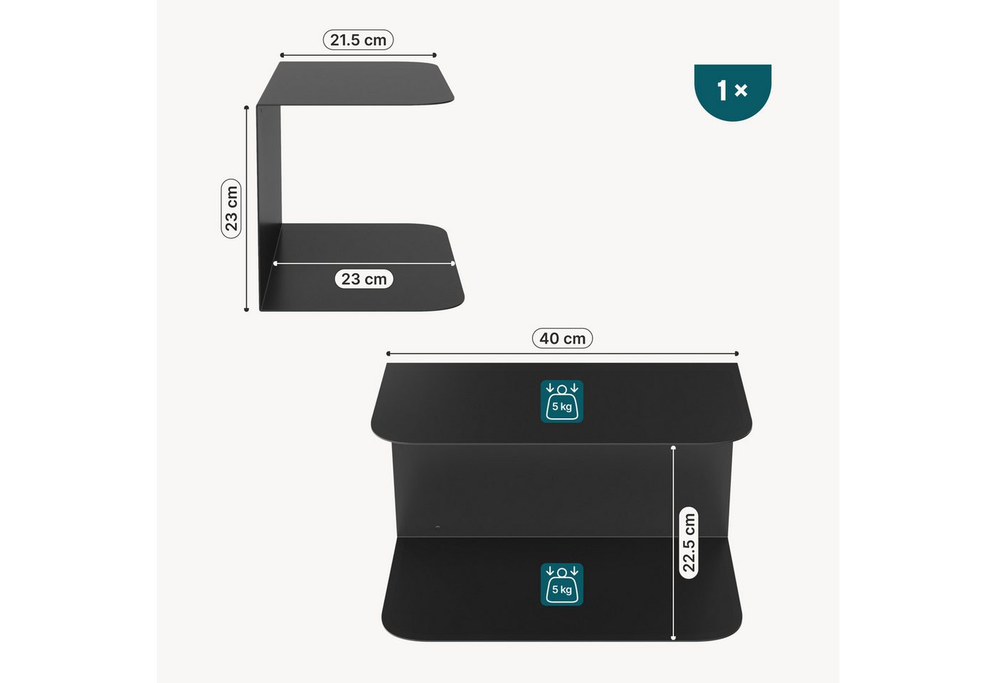 en.casa Wandregal, 1-tlg., »Notodden« Stahl 40 x 23 x 23 cm Schwarz – Bild 3 von 5