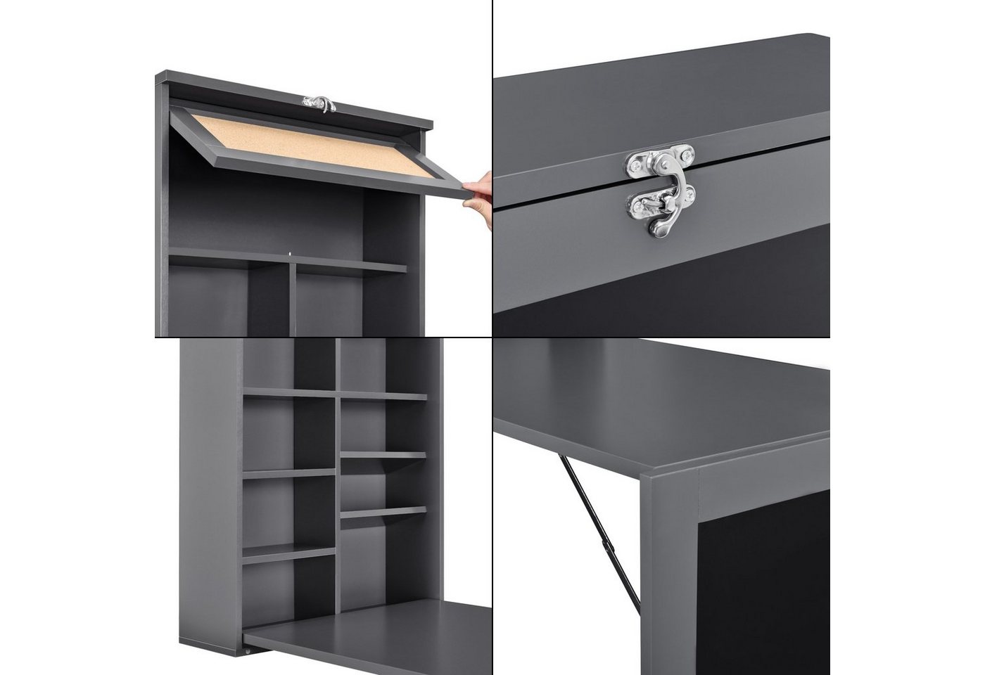 en.casa Wandregaltisch, »Kläppen« Klappbarer Tisch mit Regal, Pinnwand & Tafel Dunkelgrau – Bild 5 von 5