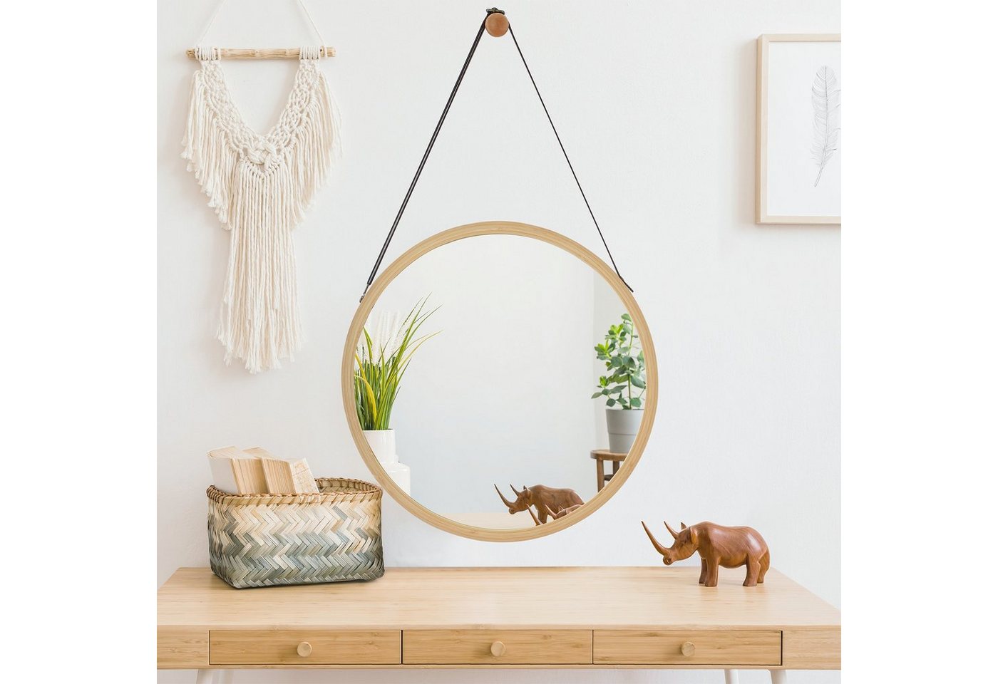 en.casa Wandspiegel, »Bykle« Hängespiegel Bambus rund 38 cm Natur – Bild 2 von 5