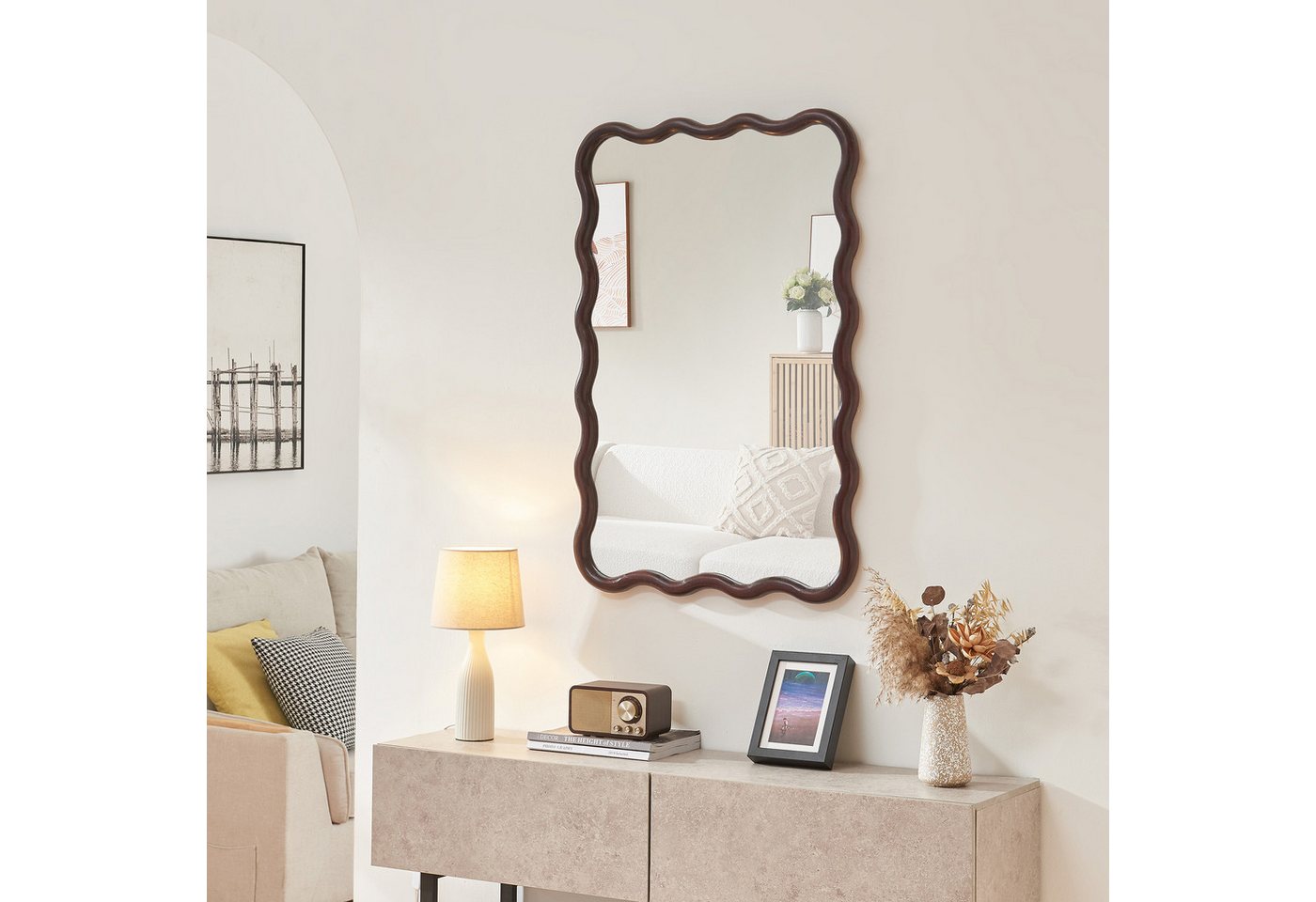 en.casa Wandspiegel, »Porloskid« Holz in Wellenform 90x60 cm Dunkelbraun – Bild 2 von 5