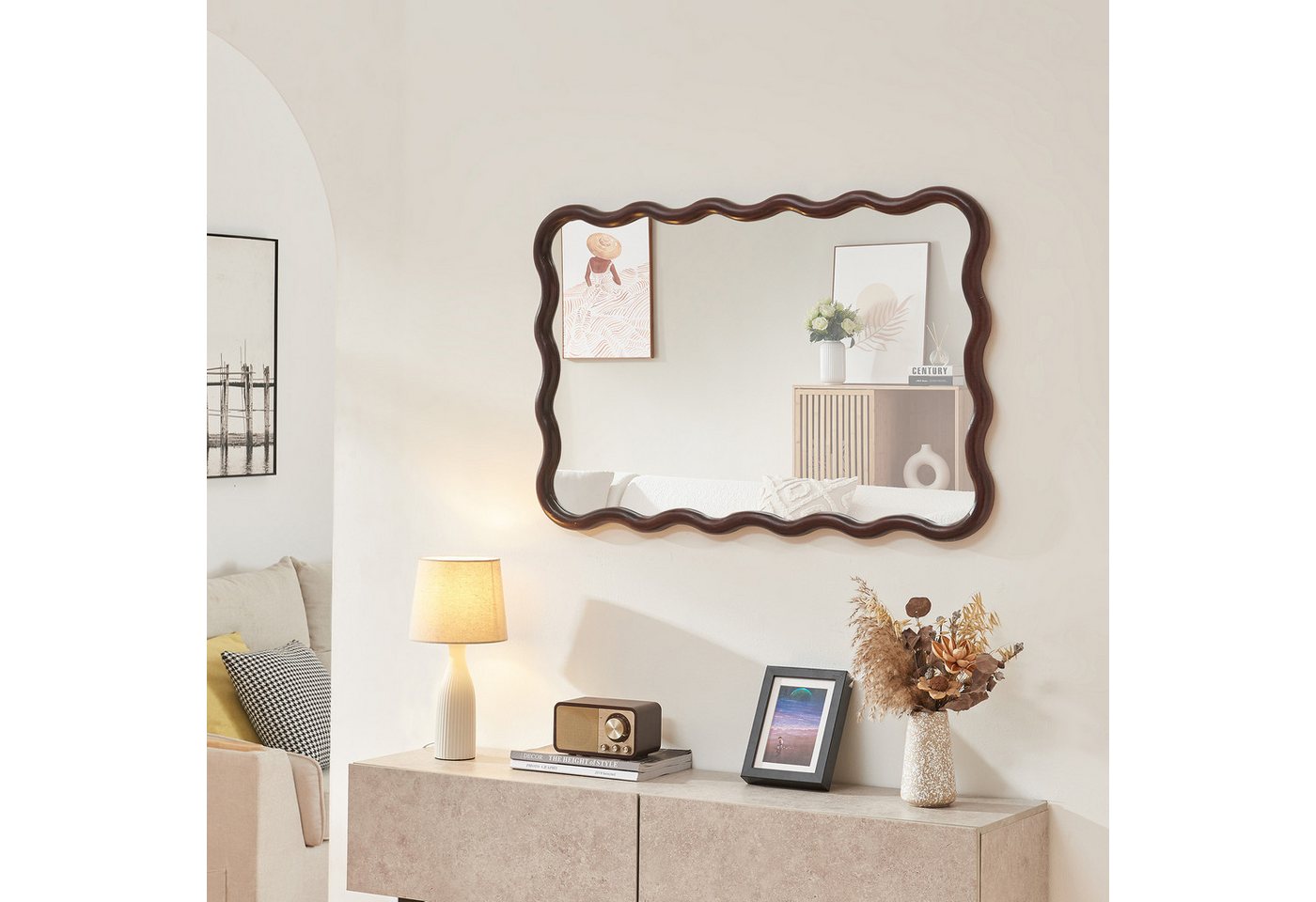 en.casa Wandspiegel, »Porloskid« Holz in Wellenform 90x60 cm Dunkelbraun – Bild 3 von 5