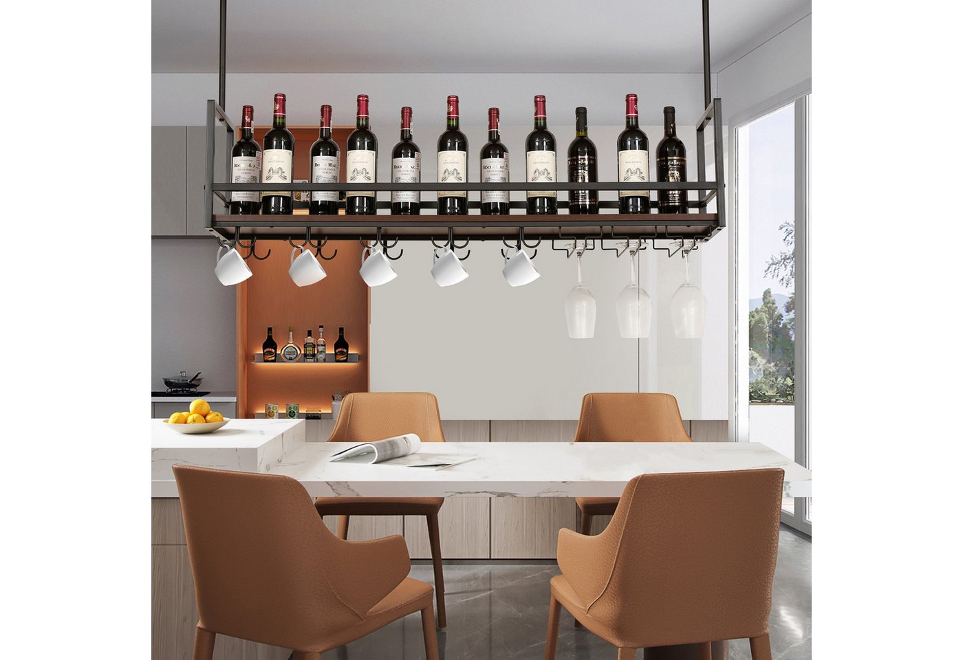 en.casa Weinregal, mit Glashalterung »Borejle« 120 x 30 x 65 cm Schwarz/Walnussoptik – Bild 2 von 5