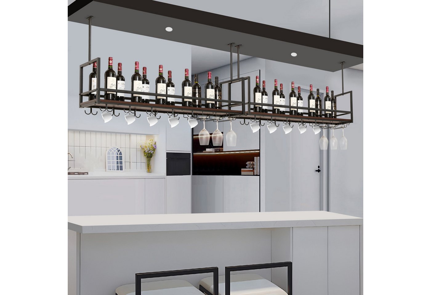 en.casa Weinregal, mit Glashalterung »Borejle« 120 x 30 x 65 cm Schwarz/Walnussoptik – Bild 3 von 5