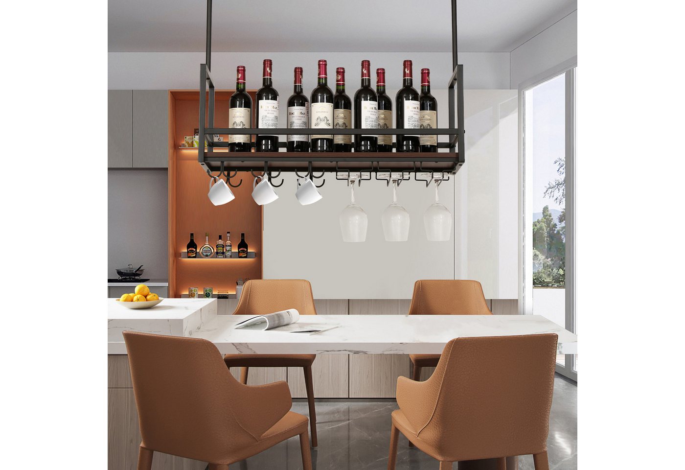 en.casa Weinregal, mit Glashalterung »Borejle« 80 x 30 x 65 cm Schwarz/Walnussoptik – Bild 2 von 5