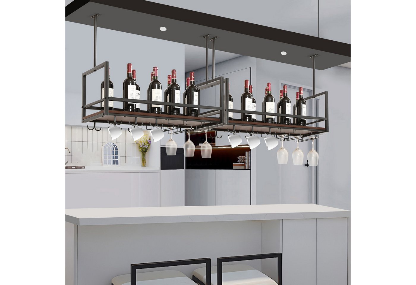 en.casa Weinregal, mit Glashalterung »Borejle« 80 x 30 x 65 cm Schwarz/Walnussoptik – Bild 3 von 5