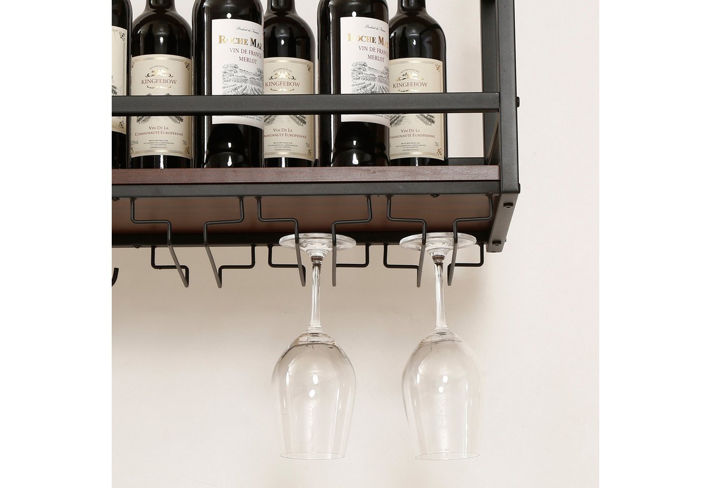 en.casa Weinregal, mit Glashalterung »Borejle« 80 x 30 x 65 cm Schwarz/Walnussoptik – Bild 5 von 5