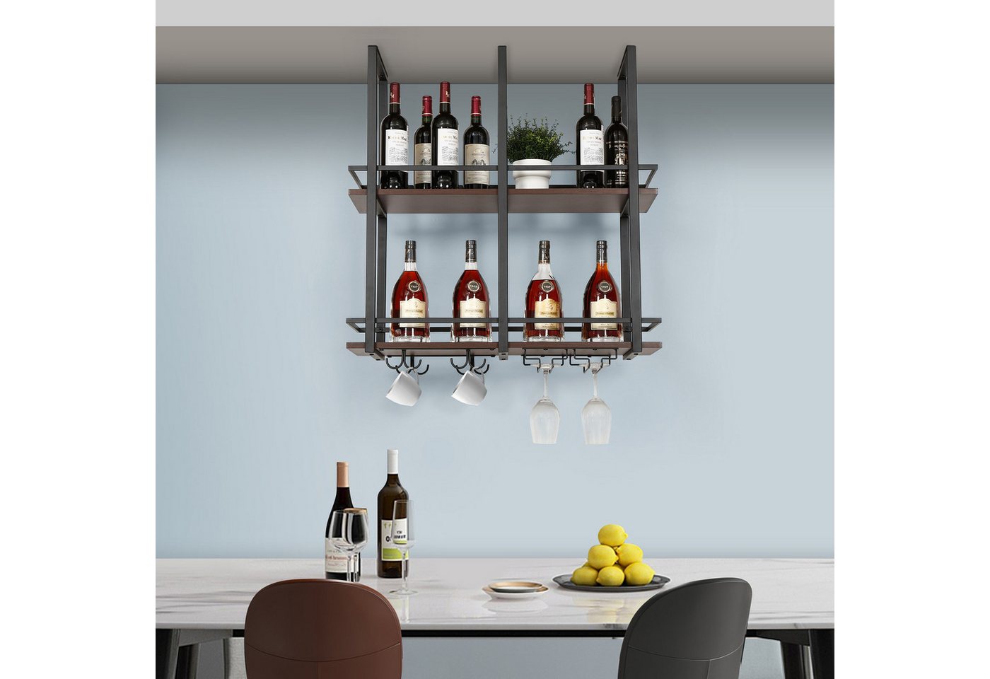 en.casa Weinregal, »Hubro« mit Glashalterung 80 x 30 x 85 cm Schwarz/Walnussoptik – Bild 2 von 5