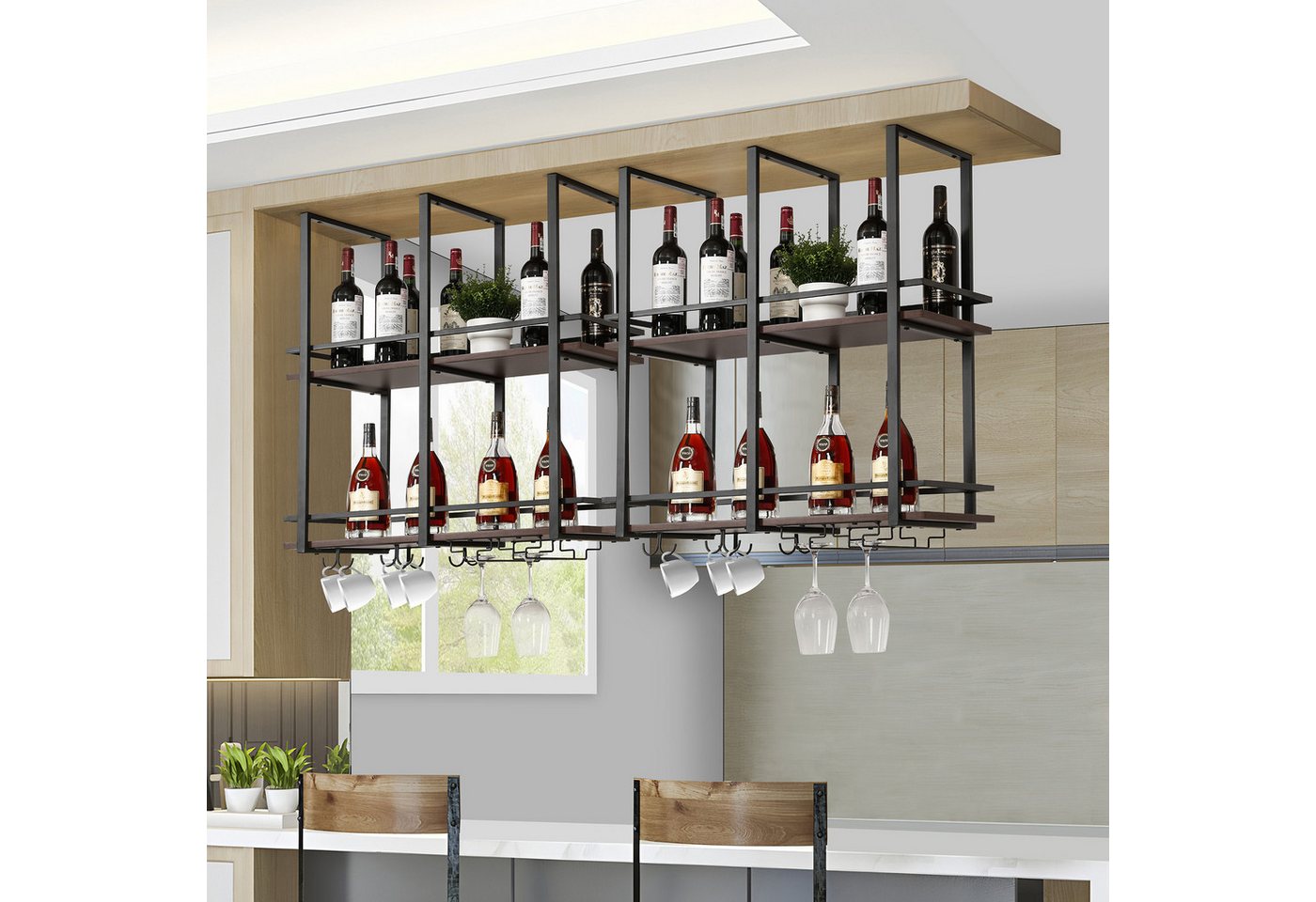 en.casa Weinregal, »Hubro« mit Glashalterung 80 x 30 x 85 cm Schwarz/Walnussoptik – Bild 3 von 5