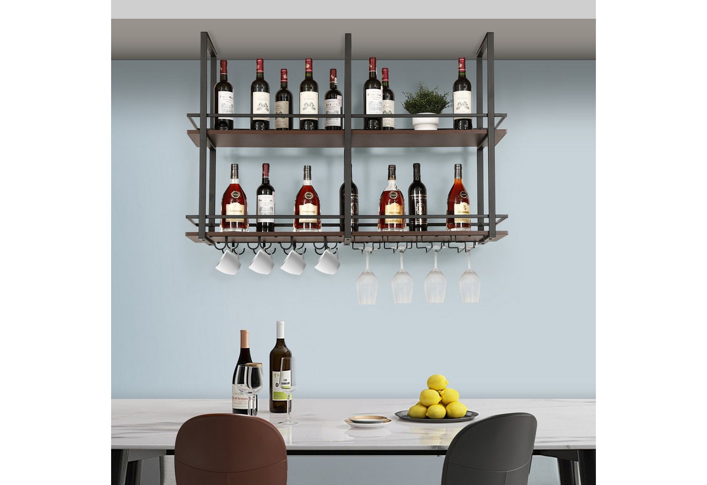 en.casa Weinregal, »Hubro« mit Glashalterung 120 x 30 x 85 cm Schwarz/Walnussoptik – Bild 2 von 5