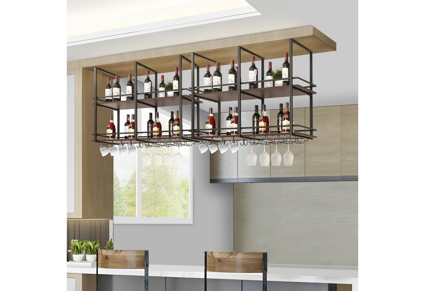 en.casa Weinregal, »Hubro« mit Glashalterung 120 x 30 x 85 cm Schwarz/Walnussoptik – Bild 3 von 5