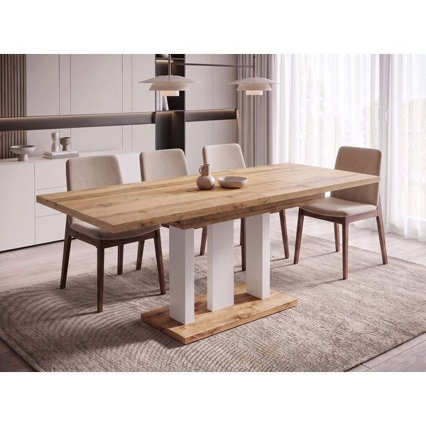 Endo-Moebel Säulen-Esstisch "Appia White" 130-210cm ausziehbar, erweiterbar, modern (1 Tisch), 2 Erweiterungsplatten, für 4, 6 oder 8 Personen, weiße Beine