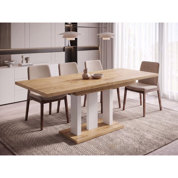 Endo-Moebel Säulen-Esstisch "Appia White" 130-210cm ausziehbar, erweiterbar, modern (1 Tisch), 2 Erweiterungsplatten, für 4, 6 oder 8 Personen, weiße Beine