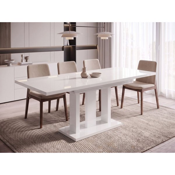 Endo-Moebel Säulen-Esstisch "Appia White" 130-210cm ausziehbar, erweiterbar, modern (1 Tisch), 2 Erweiterungsplatten, für 4, 6 oder 8 Personen, weiße Beine