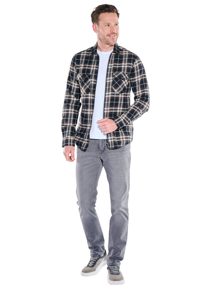 Engbers Langarmhemd Herren Karo Overshirt mit Reißverschluss, Schwarzbraun – Bild 3 von 5