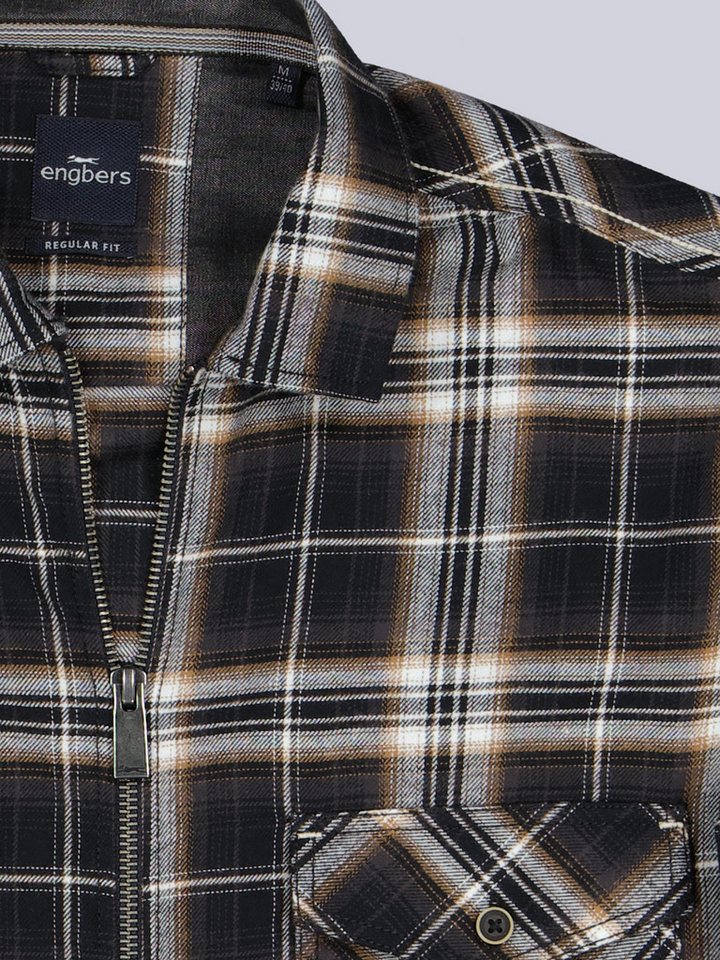 Engbers Langarmhemd Herren Karo Overshirt mit Reißverschluss, Schwarzbraun – Bild 5 von 5