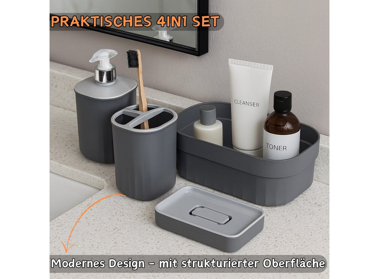Engelland Badaccessoire-Set Badezimmer-Set, 4-teilig, bestehend aus Seifenspender, Seifenschale, Zahnbürstenhalter & Organizer, Vorteils-Set, 4 tlg., 4-teilig,  – Bild 3 von 5