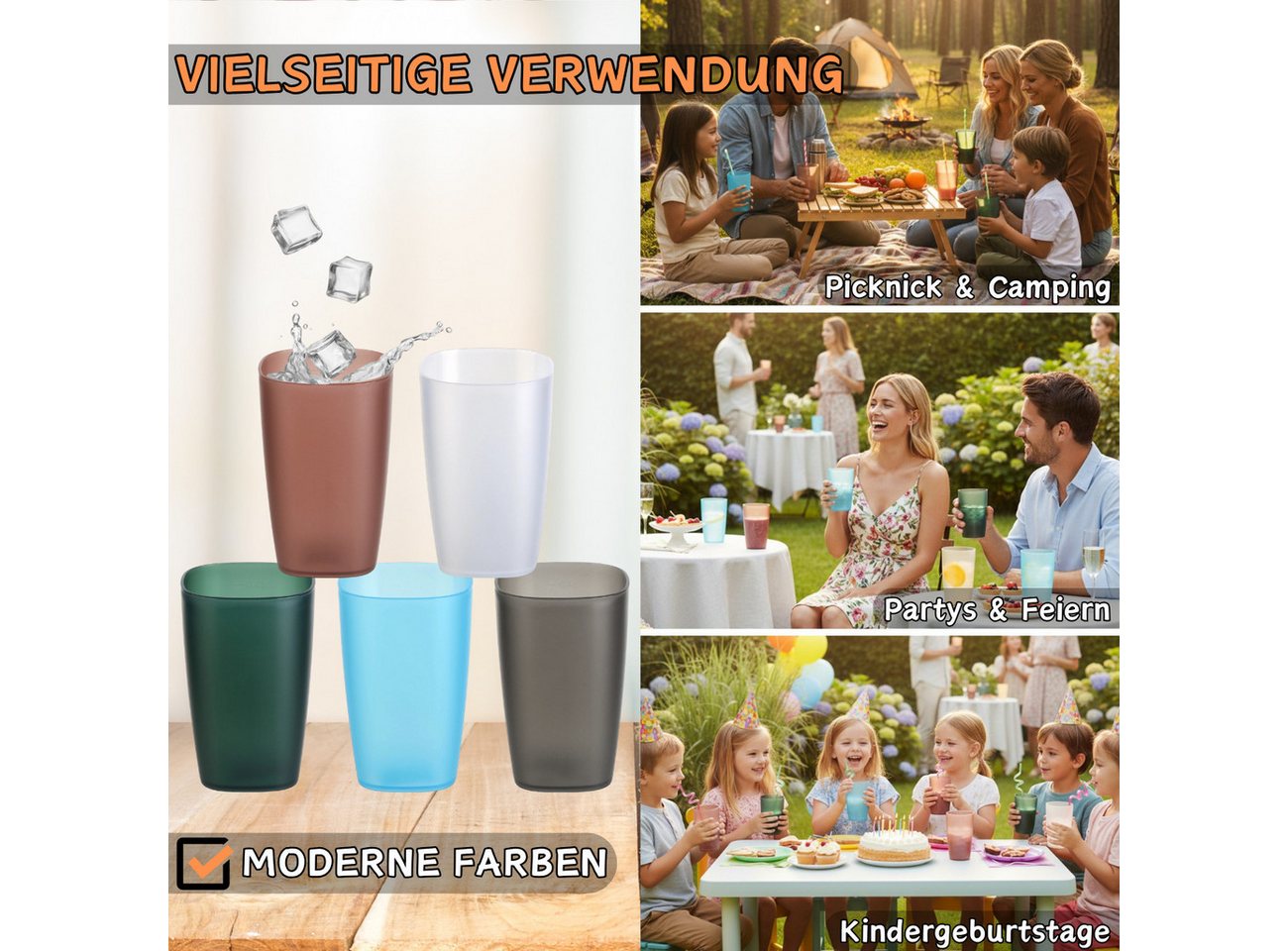 Engelland Becher Plastikbecher, Trinkbecher, 250 ml, 5-tlg., Kunststoff, BPA-frei, bruchfest, Frostoptik, stapelbar, wiederverwendbar, Mehrweg – Bild 4 von 5