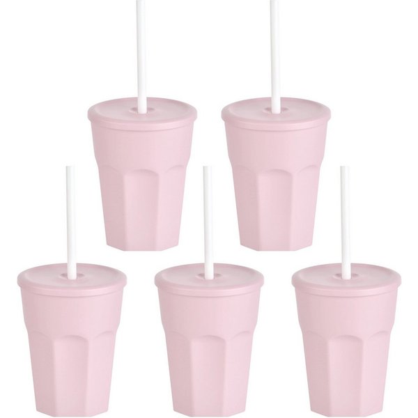 Engelland Becher Wiederverwendbare Plastikbecher mit Deckel und Strohhalm, 0,25 Liter, 5-tlg., Kunststoff, BPA-frei, spülmaschinengeeignet, lebensmittelecht, Te