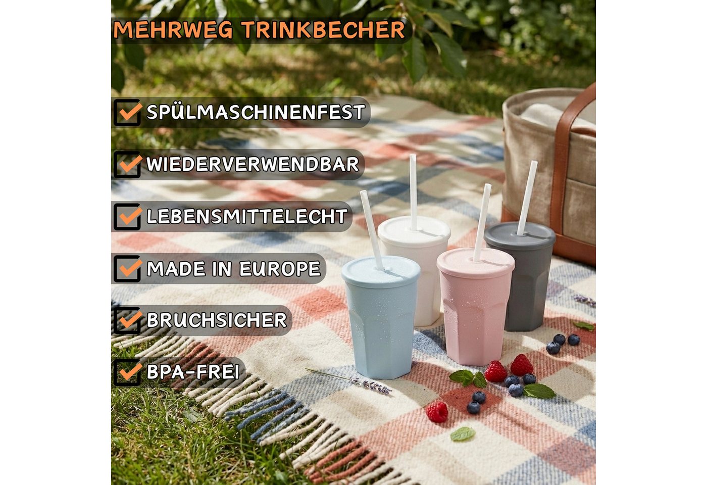 Engelland Becher Wiederverwendbare Plastikbecher mit Deckel und Strohhalm, 0,25 Liter, 5-tlg., Kunststoff, BPA-frei, spülmaschinengeeignet, lebensmittelecht, Te – Bild 2 von 5