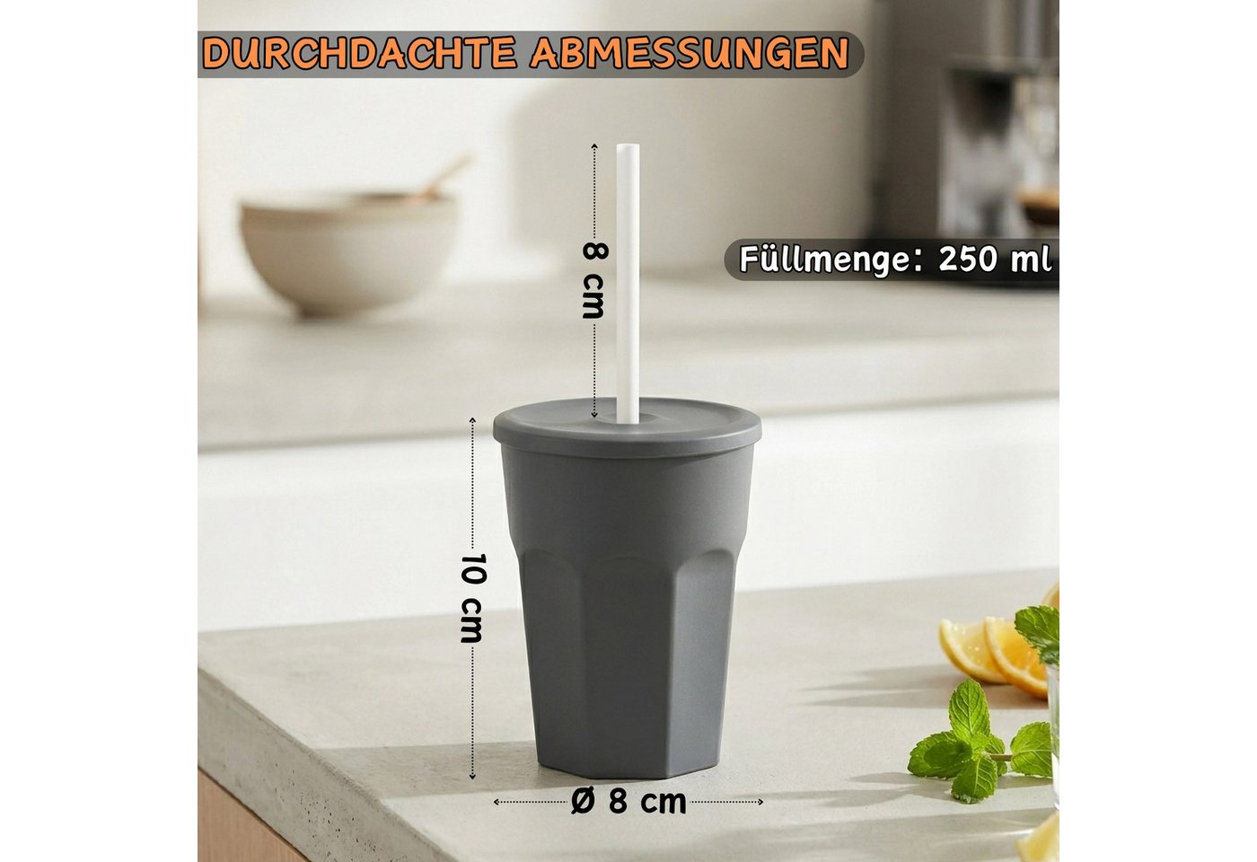 Engelland Becher Wiederverwendbare Plastikbecher mit Deckel und Strohhalm, 0,25 Liter, 10-tlg., Kunststoff, BPA-frei, spülmaschinengeeignet, lebensmittelecht, T – Bild 4 von 5