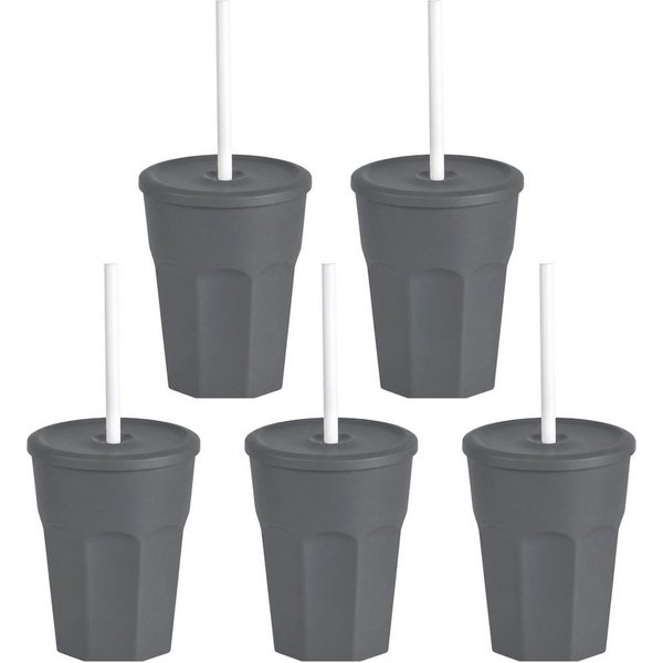Engelland Becher Wiederverwendbare Plastikbecher mit Deckel und Strohhalm, 0,25 Liter, 5-tlg., Kunststoff, BPA-frei, spülmaschinengeeignet, lebensmittelecht, Te
