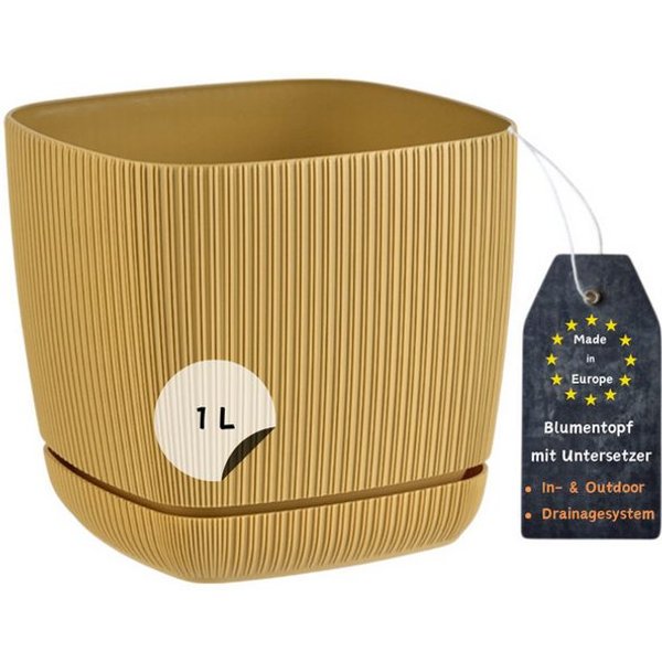 Engelland Blumentopf Pflanztopf mit Drainagesystem & Untersetzer (12 x 12 cm, 1 Liter, 1 St., robuster PP-Kunststoff), eckig, Rillenoptik, UV-resistent, direkte