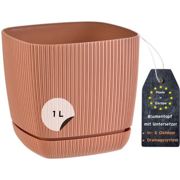 Engelland Blumentopf Pflanztopf mit Drainagesystem & Untersetzer (12 x 12 cm, 1 Liter, 1 St., robuster PP-Kunststoff), eckig, Rillenoptik, UV-resistent, direkte
