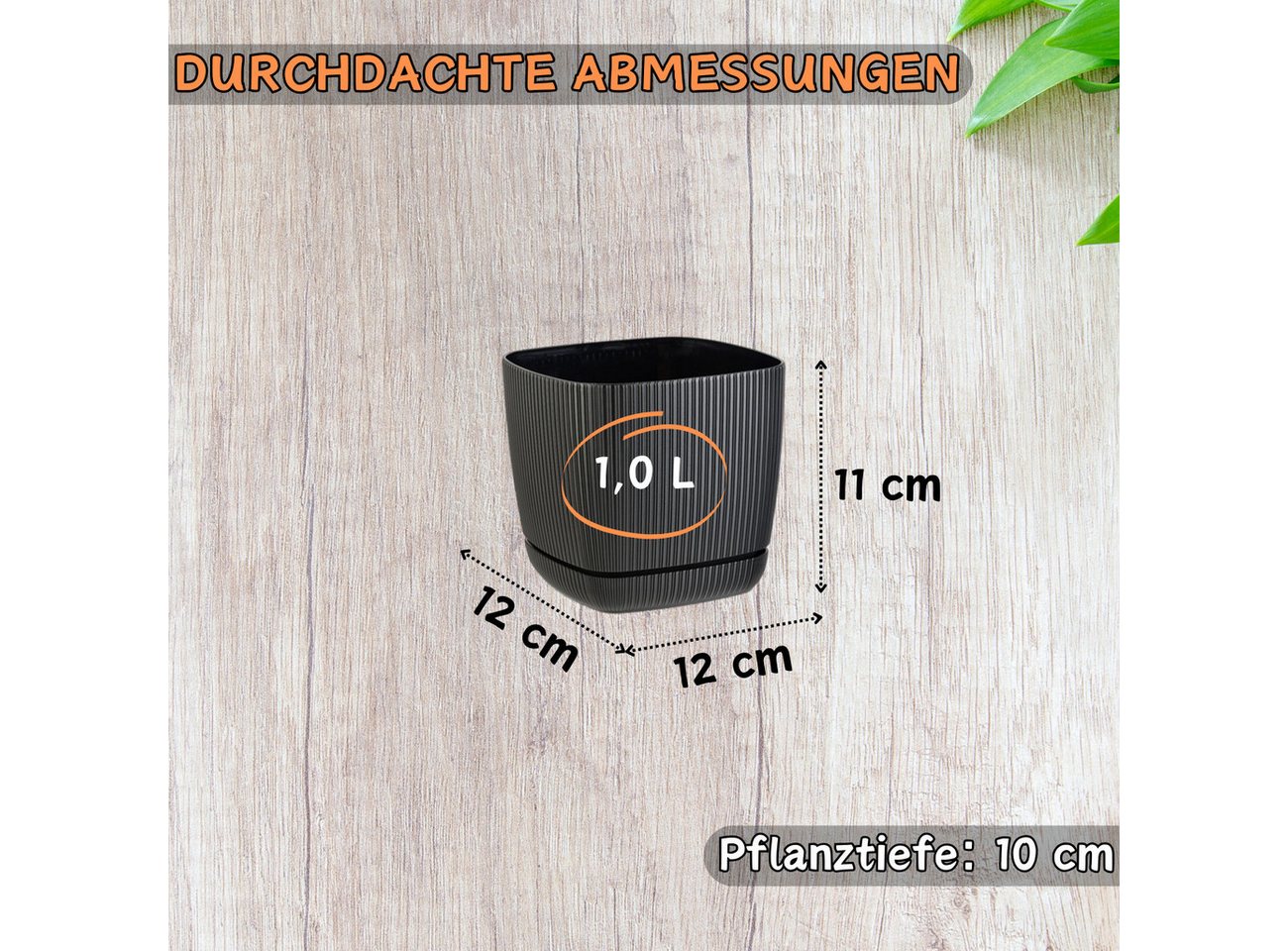 Engelland Blumentopf Pflanztopf mit Drainagesystem & Untersetzer (12 x 12 cm, 1 Liter, 1 St., robuster PP-Kunststoff), eckig, Rillenoptik, UV-resistent, direkte – Bild 2 von 5