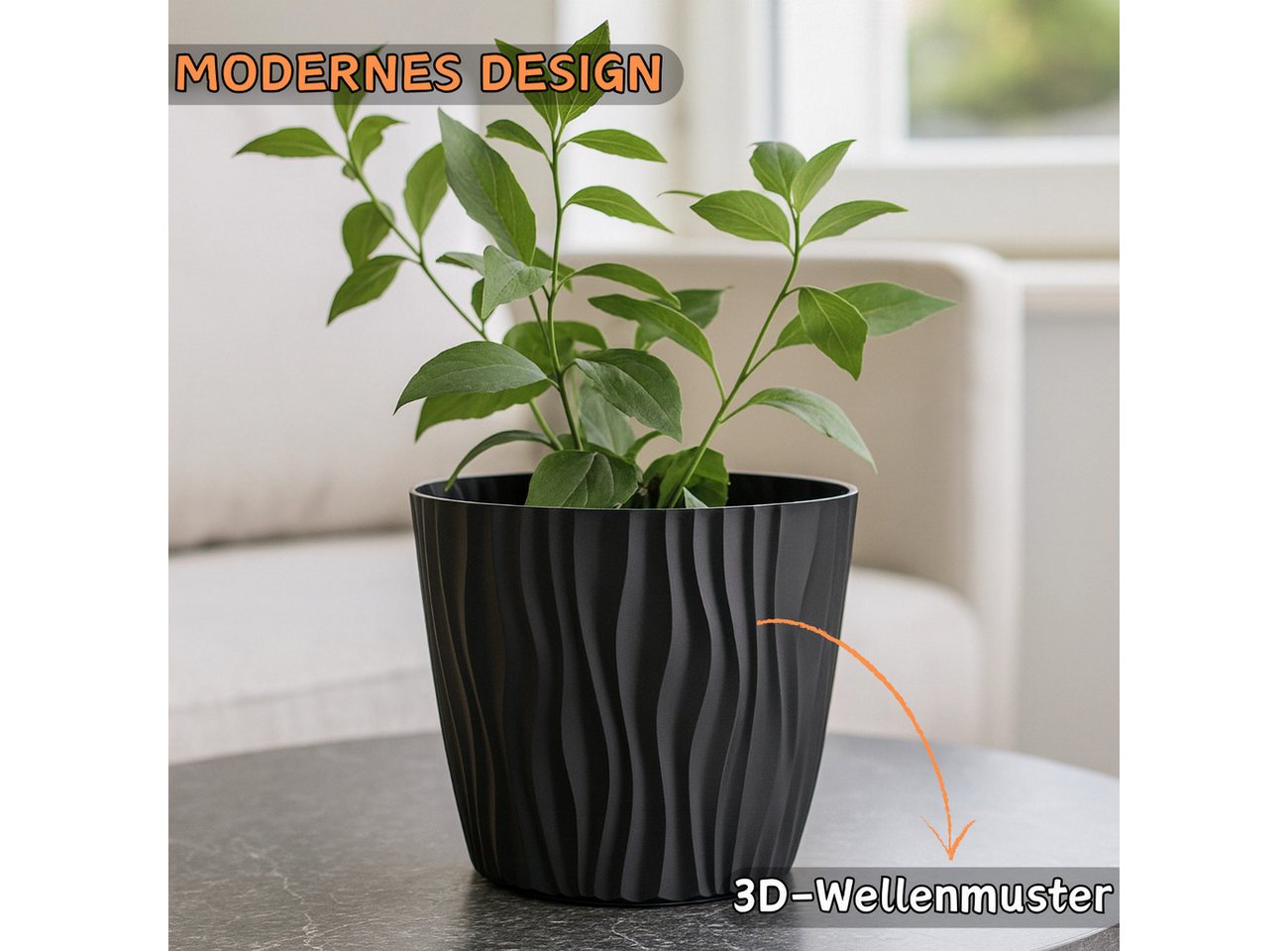Engelland Blumentopf Pflanztopf mit Drainagesystem (Vorteils-Set, 1 St., robuster PP-Kunststoff), 3D-Wellenoptik, UV-resistent, Drainagesystem, direkte Bepflanz – Bild 3 von 5