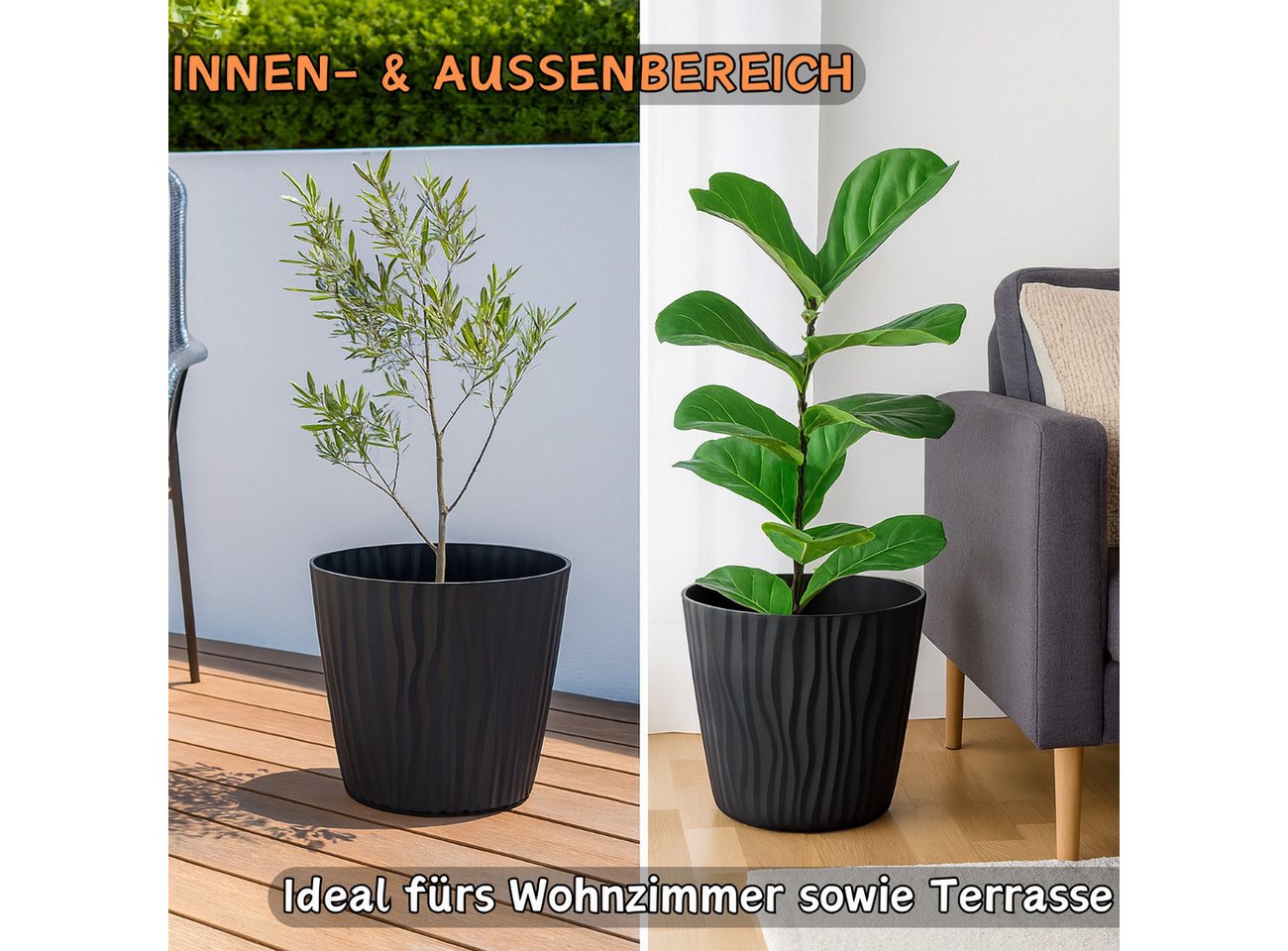 Engelland Blumentopf Pflanztopf mit Drainagesystem (Vorteils-Set, 1 St., robuster PP-Kunststoff), 3D-Wellenoptik, UV-resistent, Drainagesystem, direkte Bepflanz – Bild 5 von 5