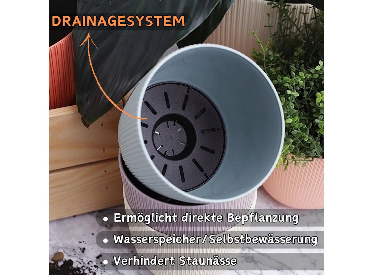 Engelland Blumentopf Pflanztopf mit Drainagesystem (Vorteils-Set, 1 St., robuster PP-Kunststoff), Rillenoptik, UV-resistent, Drainagesystem, direkte Bepflanzung – Bild 2 von 5