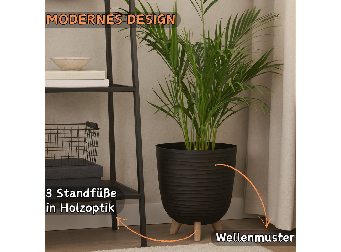 Engelland Blumentopf Pflanztopf mit Füßen (Vorteils-Set, 1 St., robuster PP-Kunststoff), Wellenoptik, rund, UV-resistent, Drainagesystem, direkte Bepflanzung – Bild 3 von 5