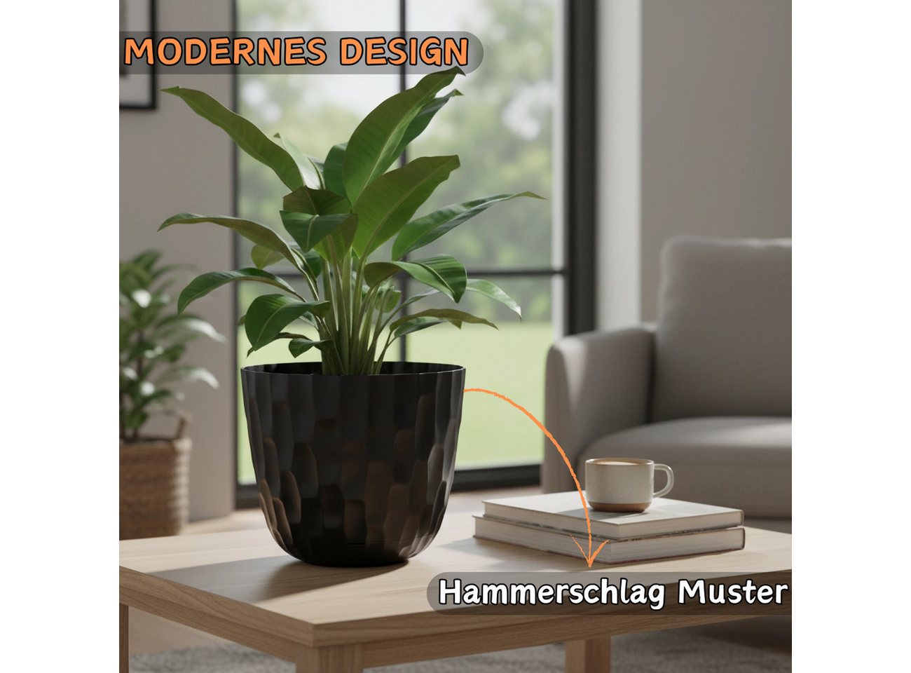 Engelland Blumentopf Pflanztopf mit Untersetzer & Bewässerungssystem (Vorteils-Set, 1 St., robuster PP-Kunststoff), Übertopf, Hammerschlag-Optik, Innen- & Außen – Bild 3 von 5