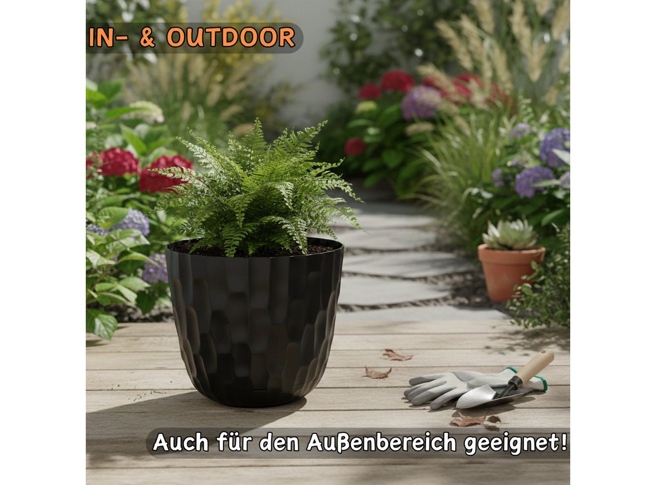 Engelland Blumentopf Pflanztopf mit Untersetzer & Bewässerungssystem (Vorteils-Set, 1 St., robuster PP-Kunststoff), Übertopf, Hammerschlag-Optik, Innen- & Außen – Bild 5 von 5